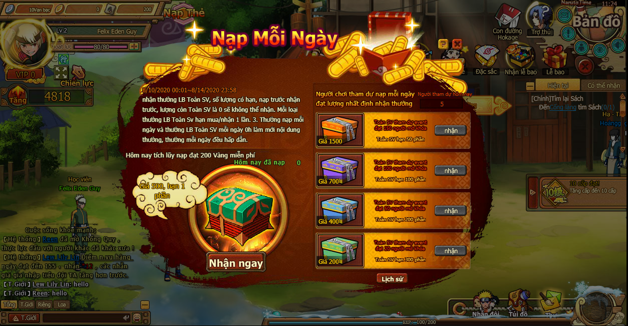 EVENT NẠP MỖI NGÀY (Từ 10/08/2020 đến 14/08/2020)